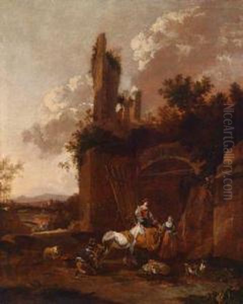 Sudliche Landschaft Mitrastenden Hirtinnen Vor Einer In Einen Stall Umgewandelten Ruine Oil Painting by Harmenszoon van Rijn Rembrandt