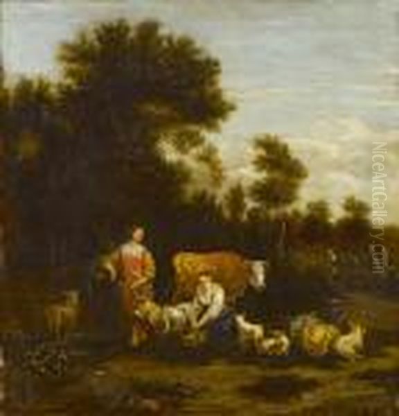 Hirten Und Hirtinnen Mit Ihren Tieren Vor Weiter Landschaft Oil Painting by Harmenszoon van Rijn Rembrandt