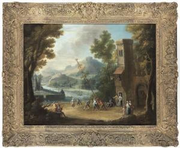 Figures Raising The Maypole, A Harbour, A Castle And A Mountainouslandscape Beyond Oil Painting by Dominique Joseph Van Der Burch