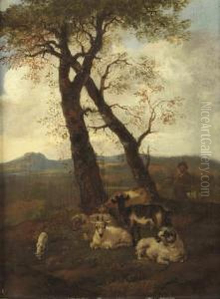 A Hilly Landscape With A Shepherd And His Flock Oil Painting by Jacob Van Der Does I
