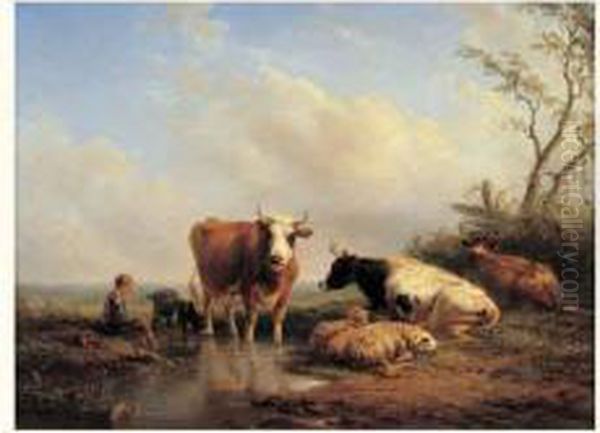 Vaches Et Moutons Dans Un Paysage Oil Painting by Helmert Richard Van Der Flier