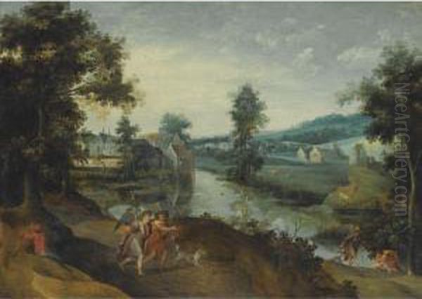 A Wooded Landscape With Scenes From The Story Of Tobias And The Angel Oil Painting by Claes Dircksz. Van Der Heck