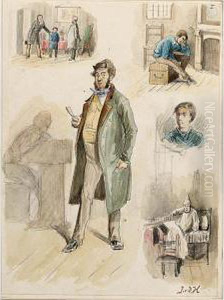 'kostschool Schetsen', A Collection Of Seven Drawings Depicting Daily Life Scenes On A Boys Boarding School Oil Painting by Johan Jacob Van Der Heyden