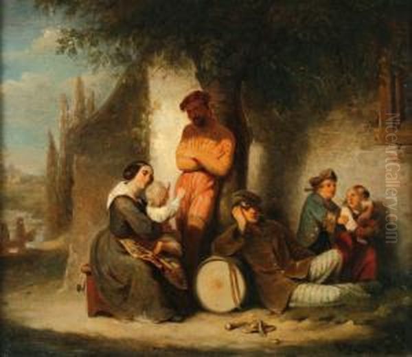 Italiaans Landschap Met Enkele Rustende Artiesten Onder Een Boom Oil Painting by David Iii Van Der Kellen