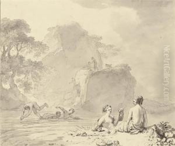 Nymphs Bathing In A Rocky Wooded Landscape Oil Painting by Dirck Van Der Lisse