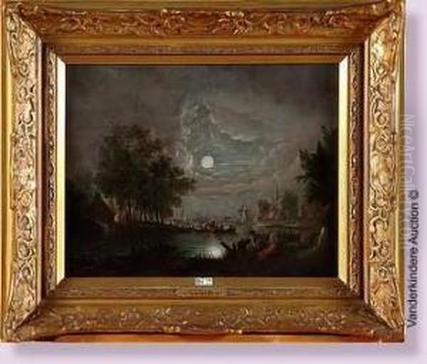 Paysage Lacustre Anime Au Clair De Lune Oil Painting by Barend or Bernardus van der Meer
