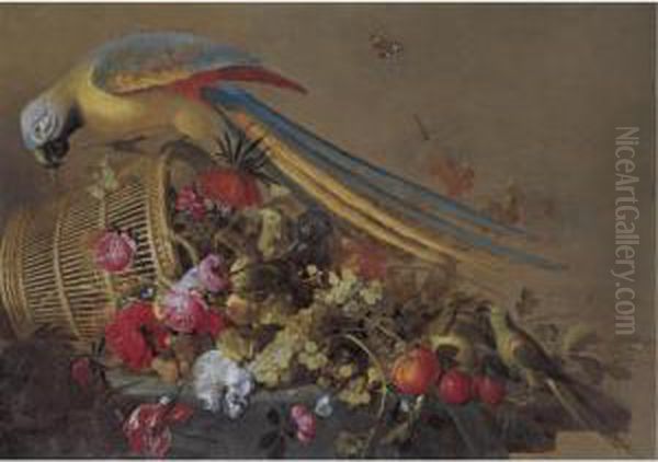 Still Life With An Overturned Basket On A Partly Draped Table, With Grapes, Plums, Oranges, Various Flowers, A Parrot And A Parakeet Oil Painting by Jacob Fransz van der Merck