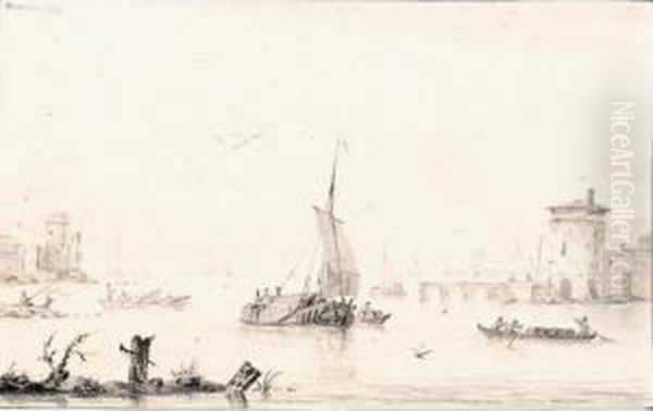 Shipping On A River Estuary Oil Painting by Sieuwert Van Der Meulen