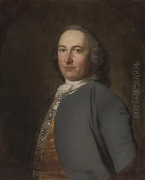 Portrait Of A Gentleman, Bust-length, In A Grey Coat And Blue Waistcoat With Silver Frogging Oil Painting by Frans Van Der Mijn