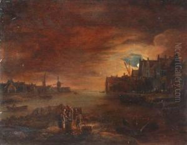 Moonlit Scene Of Dutch Harbour. Panel Cleaned By Stacey Marks Oil Painting by Johannes Van Der Neer