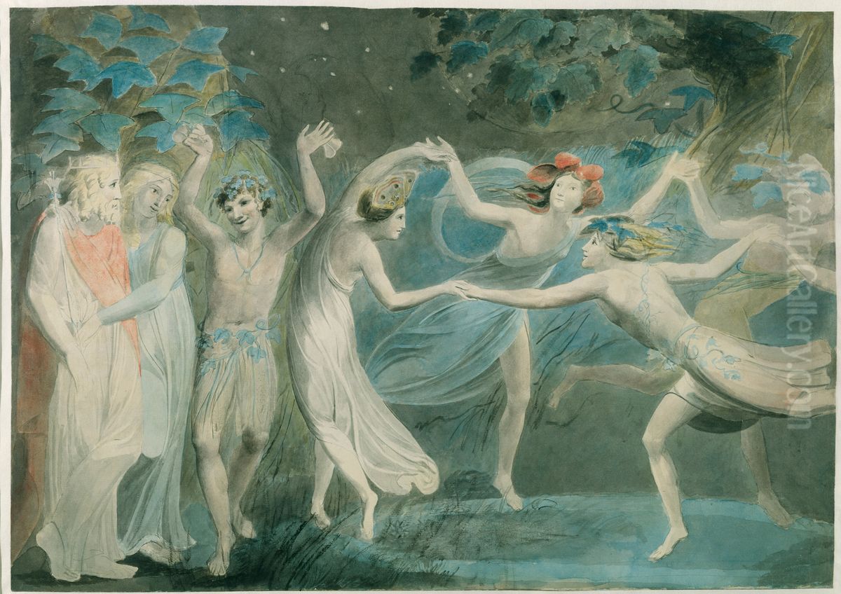 Oberon, Titania and Puck with Fairies Dancing Oil Painting by William Blake