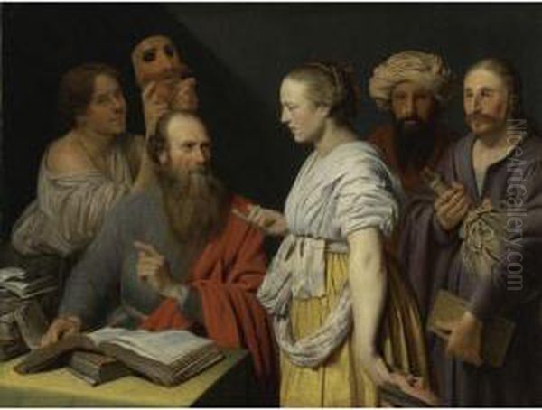 A Scholar In His Study With Figures With Masks Oil Painting by Willem van der Vliet