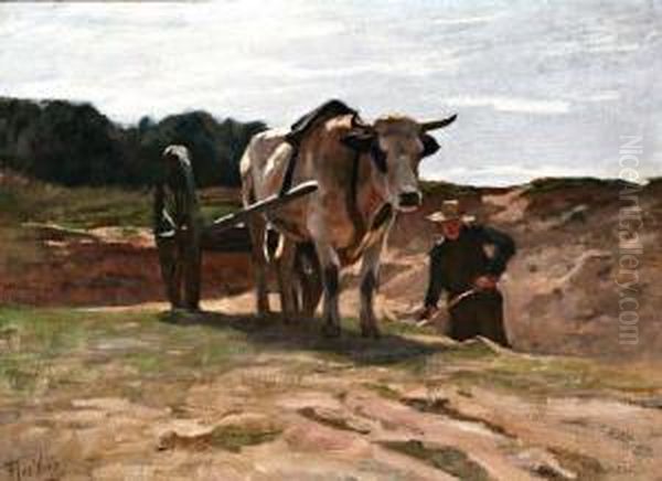 Man Met Ossenkar Bij Een Zandafgraving Oil Painting by Hermann Johannes Van Der Weele