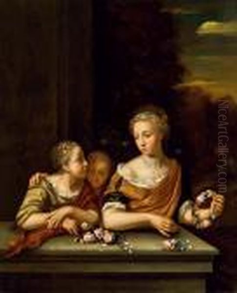 Madchen Mit Blumen Vor Einer Steinbrustung Oil Painting by Pieter van der Werff