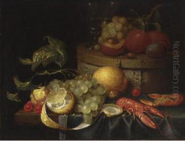 A Still Life With Crayfish, Grapes, Lemons, Cherries, Walnuts, A Box With A Berkemeier And Peaches, All On A Draped Table Oil Painting by Guilliam van Deynum