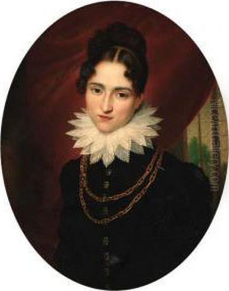 Portrait Of Contesse De Vilence, Bust-length, In A Dark Blue Dressand A Lace Collar, In A Feigned Oval Oil Painting by Francois F. Van Dorne