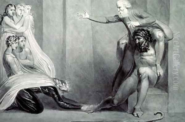 Tiriel, borne back to the Palace on the Shoulders of his Brother Ijim, addressing his five Daughters Oil Painting by William Blake