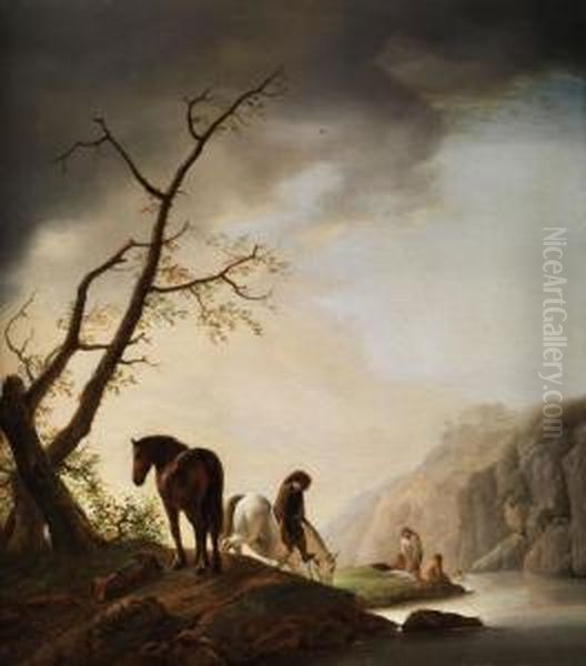 Pferdehirte Auf Weissem Schimmel In Betrachtung Badender Frauen AnEinem Fluss Oil Painting by Adriaen van Eemont
