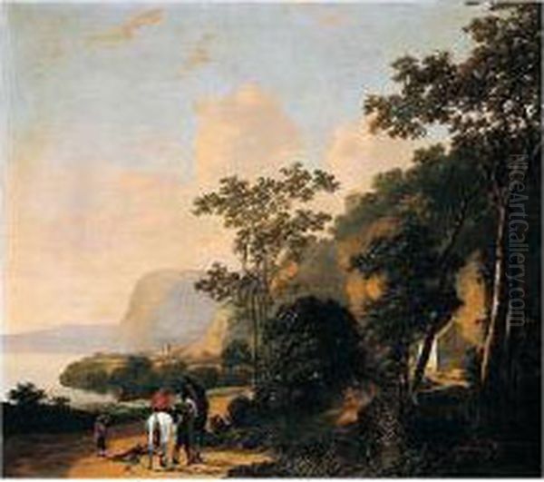 A Southern Coastal Landscape With Riders Conversing On A Path, A Building Nearby Oil Painting by Adriaen van Eemont