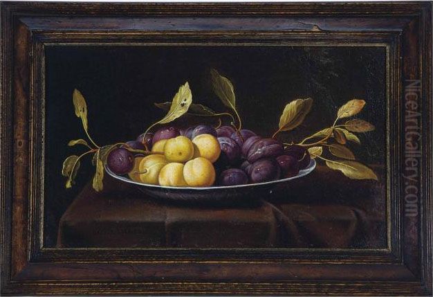 Bowl Of Plums On A Draped Table Oil Painting by Jacob Fopsen van Es