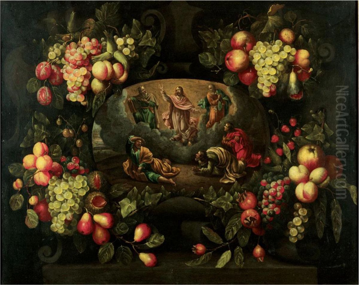 Still Life Of A Garland Of Flowers Adorning A Stone Cartouche Containing The Transfiguration Oil Painting by Frans Van Everbroeck