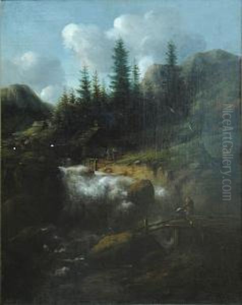 Pejzaz Z Wodospadem I Postaciami Oil Painting by Caesar Boetius Van Everdingen