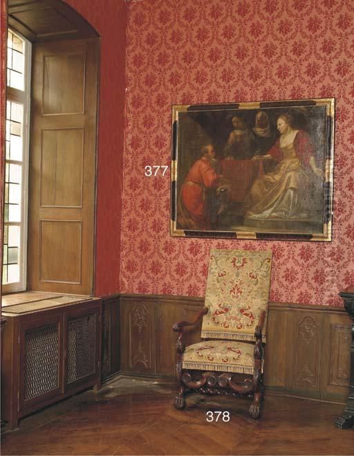 A Mythological Scene With A Kneeled Man Offering A Silver Box Withjewellery To A Prominent Lady Seated At A Throne, With Other Femalefigures Nearby Oil Painting by Caesar Boetius Van Everdingen