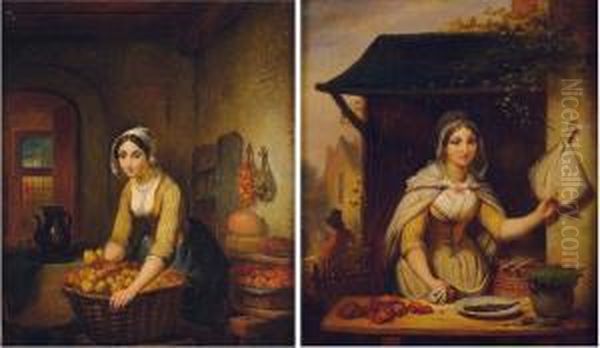 La Marchande De Fruits; La Marchande De Poissons Oil Painting by Jean Baptiste Van Eycken