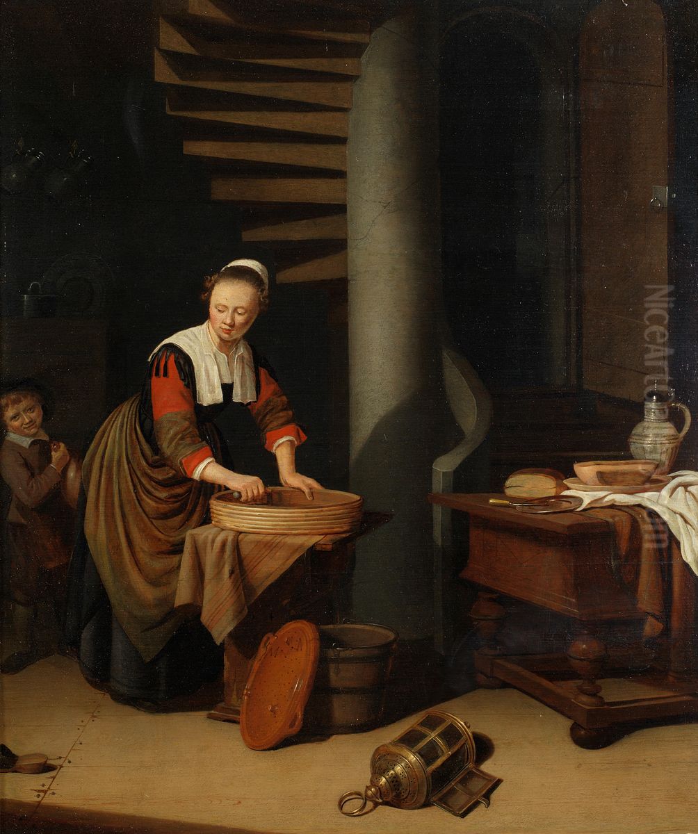 A Kitchenmaid Ironing Oil Painting by Adriaen van Gaesbeeck