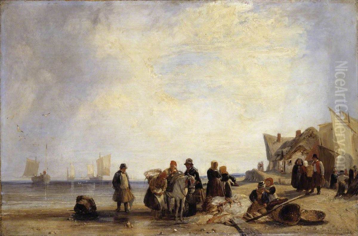 French Coast With Fishermen Oil Painting by Richard Parkes Bonington
