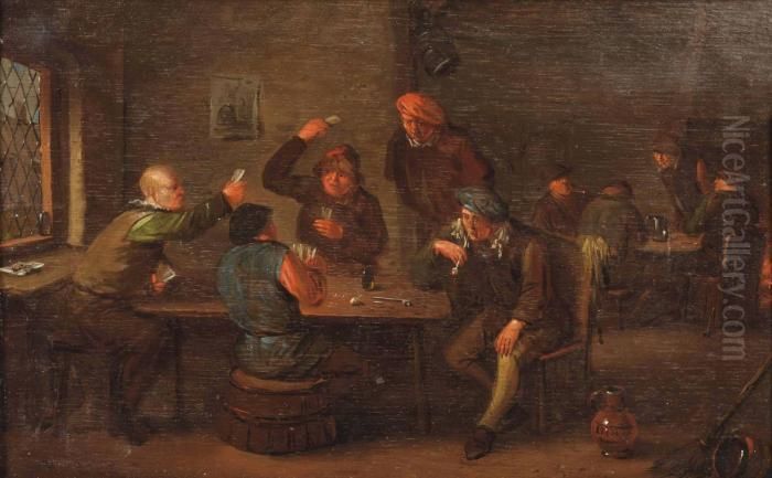 A Tavern Interior With Peasants Playing Cards Oil Painting by Egbert Van Heemskerck