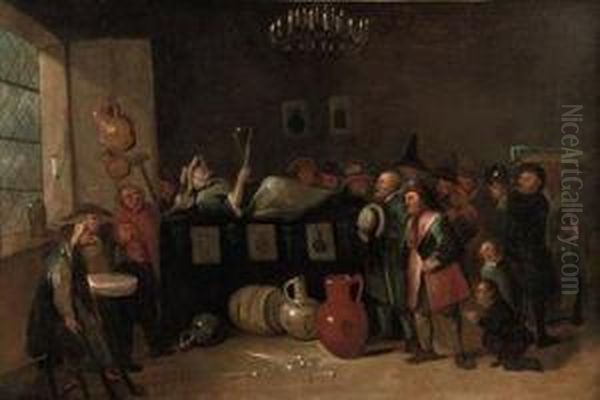 Smoking And Drinking Boors Paying Tribute To A Peasant Woman On Herdeath Bed Holding A Large Glass: An Allegory Of The Effects Ofalcohol And Tobacco Oil Painting by Egbert Van Heemskerck