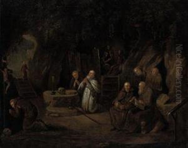 Hermit Monks In A Grotto Oil Painting by Egbert Van Heemskerck