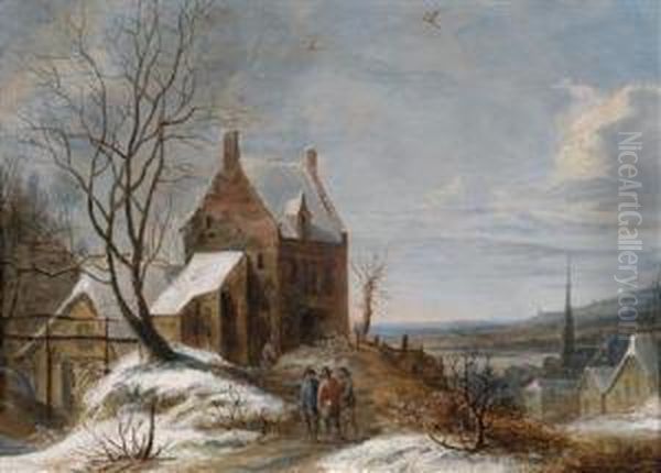 A Winter Landscape With The City Of Brussels In The Background Oil Painting by Daniel van Heil