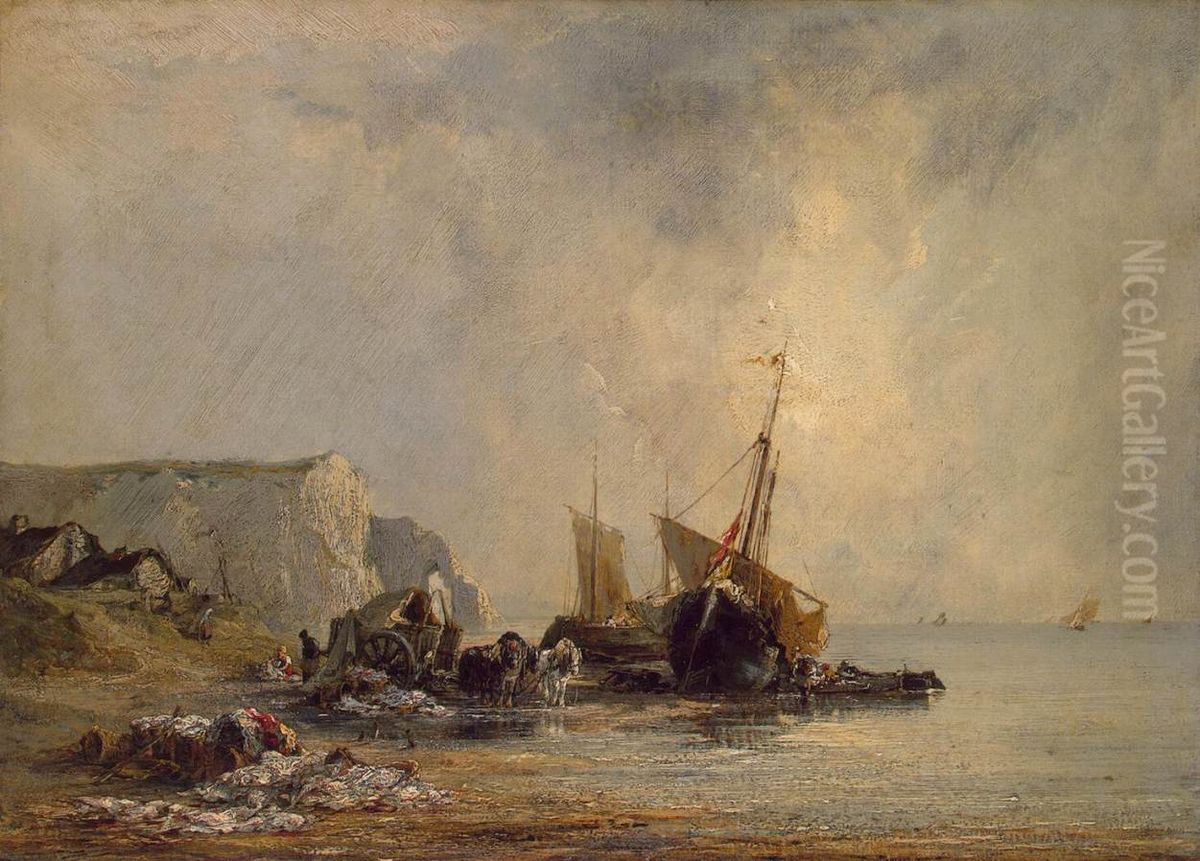 Boats near the Shore of Normandy Oil Painting by Richard Parkes Bonington