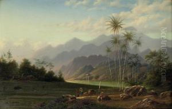 The Village Of Plosso In The Province Of Madiun, Java Oil Painting by Jacob Dirk Van Herwerden