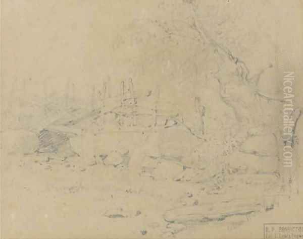 A river landscape with a bridge Oil Painting by Richard Parkes Bonington