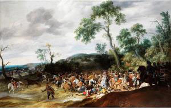 Grosse Schlachtenszene In Hugeliger Landschaft MitEichenbaumen Oil Painting by Paulus Van Hillegaert