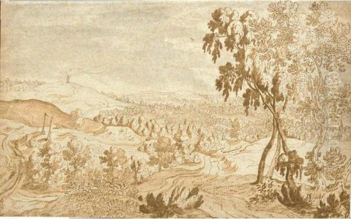 A Wooded Valley With A Windmill In The Distance Oil Painting by Paulus Van Hillegaert