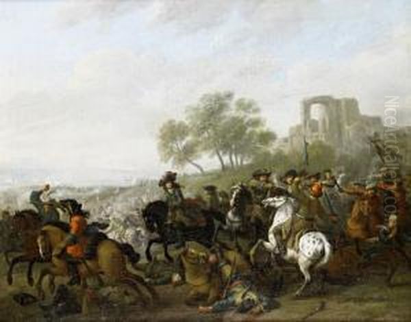A Cavalry Skirmish In An Open Landscape, Aruined Village On The Horizon Oil Painting by or Huchtenburgh, Jan van Huchtenberg