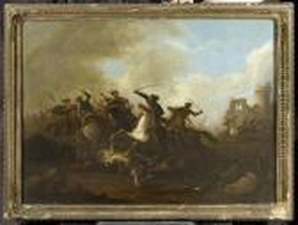 Battle With Horsemen Oil Painting by or Huchtenburgh, Jan van Huchtenberg