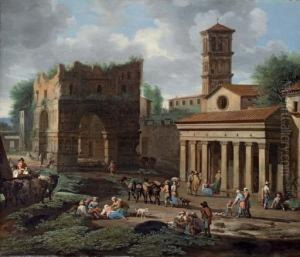 The Arch Of Janus, Rome, With The Church Of San Giorgio In Velabro Oil Painting by or Huchtenburgh, Jan van Huchtenberg