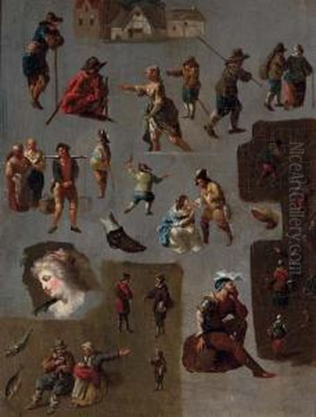 Studies Of Figures, Shoes, Fish And A Building Oil Painting by or Huchtenburgh, Jan van Huchtenberg