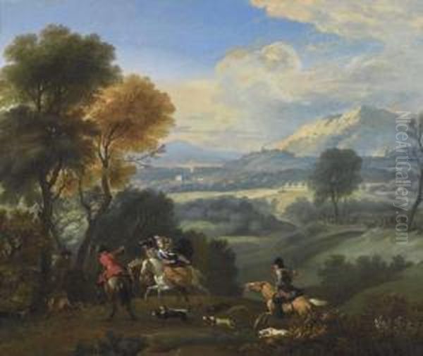 Hunting Group On Horseback. Oil Painting by or Huchtenburgh, Jan van Huchtenberg