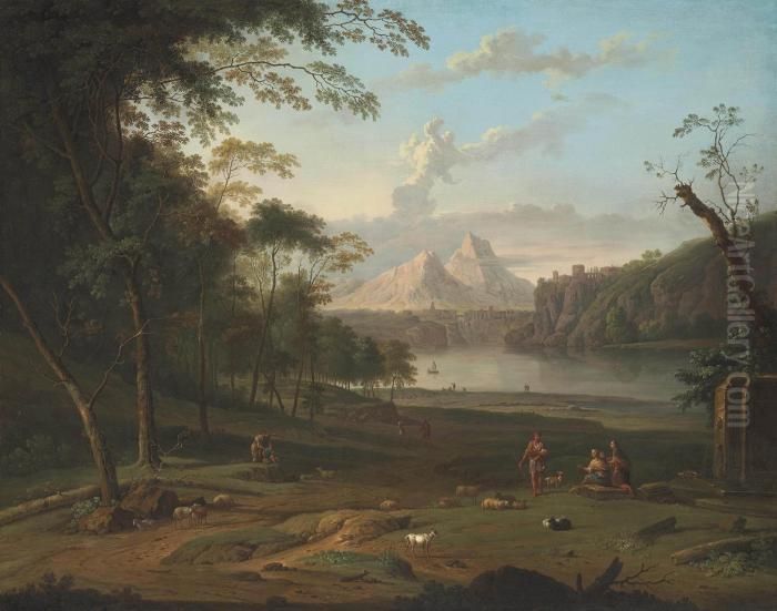 A Wooded, River Landscape Oil Painting by Jan Van Huysum