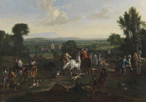 Hofische Jagdgesellschaft Vor Weiter Landschaft Oil Painting by Justus van Huysum