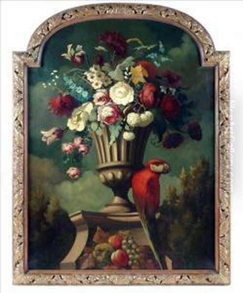 A Parrot By Astone Urn Full Of Summer Flowers Oil Painting by Justus van Huysum