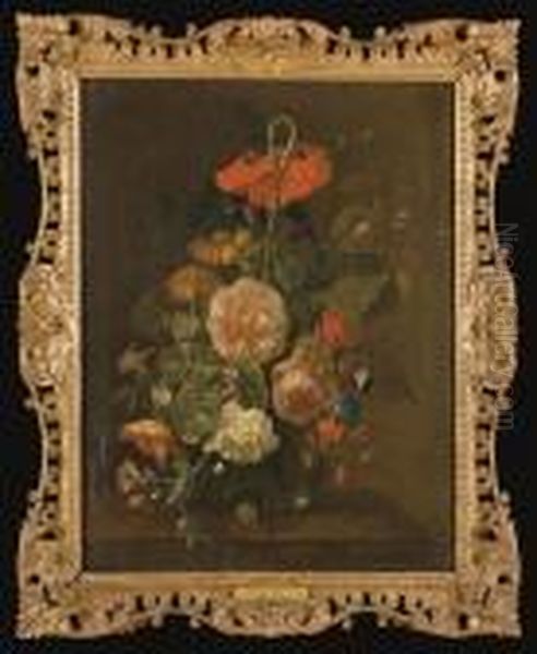 Soucis, Pivoines, Pois De Senteur, Chardons, Une Rose, Un Iris Et Autres Fleurs Dans Un Vase Oil Painting by Justus van Huysum