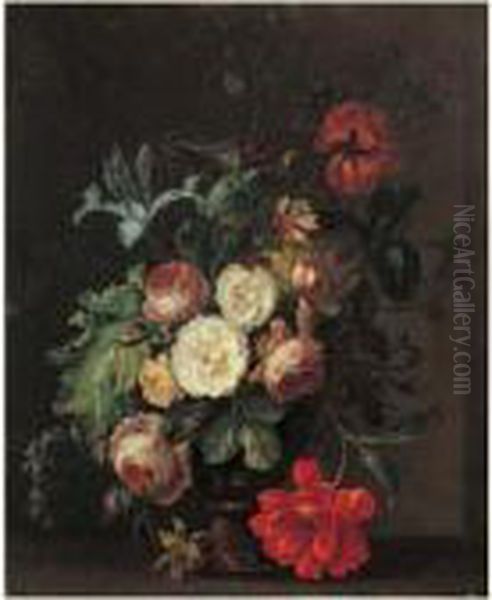 Nature Morte Au Vase De Fleurs Sur Un Entablement Oil Painting by Justus van Huysum