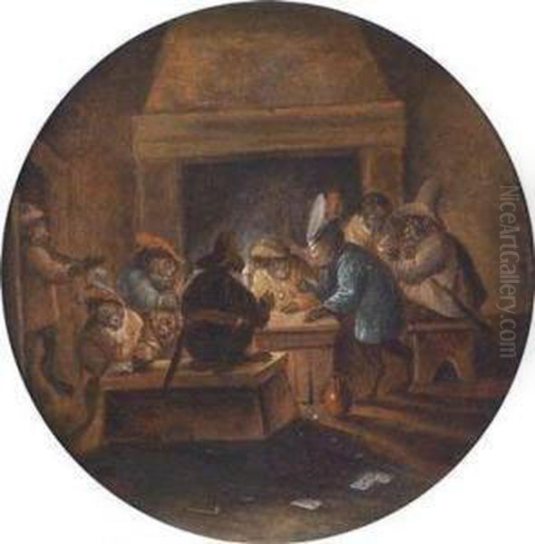 Monkeys Playing Cards In A Guardroom Oil Painting by Ferdinand van Kessel